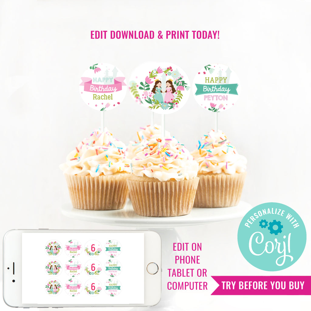 twin-cess-birthday-party-cupcake-toppers-twin-princess-party-toppers-sunshine-parties for Free Printable Princess Cupcake Toppers Printable Twin-cess Birthday Party Cupcake Toppers | Twin Princess Party Toppers – Sunshine Parties for Free Printable Princess Cupcake Toppers Printable