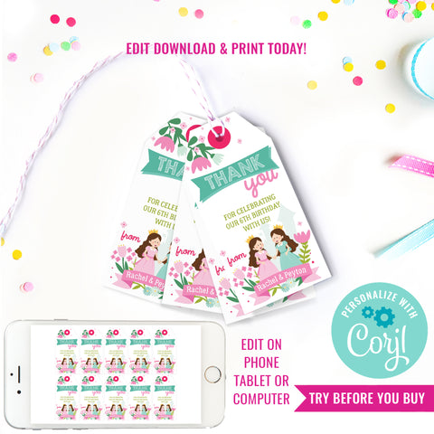 Twin-cess Birthday Party Favor Tags | Twin Princess Party Favors