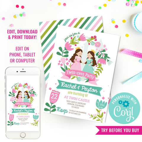 Twin-cess Birthday Party Invitation | Twin Princess Party Invitation | Twin Girls Party Invitation