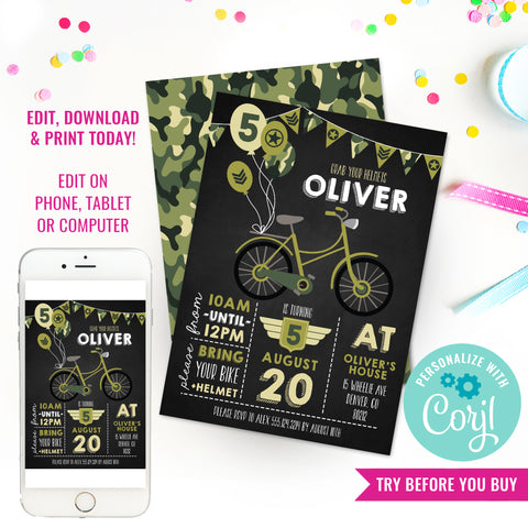 Vintage Army Bicycle Birthday Party Invitation | Army Bike Birthday Invite | Military Bicycle Party