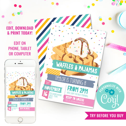 Waffle Party Invitation | Waffles & Pajamas Party | Slumber Party Invitation