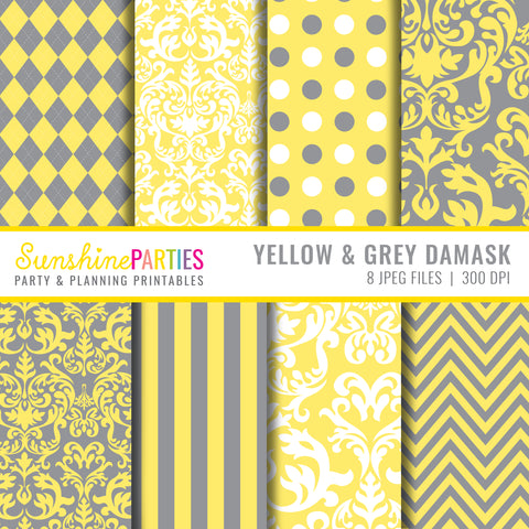 Damask yellow and gray digital paper set